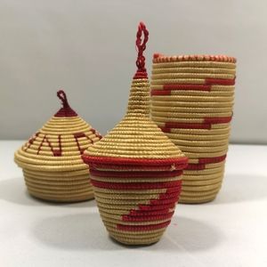 Vintage Set of 3 Tutsi Woven Baskets, Crafted in Rwanda w/ Red from Estate Sale